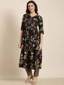 SHOWOFFFF - Women's Floral Black Anarkali and Pant (Set of 2)