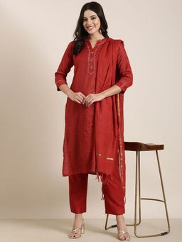SHOWOFF - Women's Striped Red Straight Kurta with Pant and Dupatta (Set of 3)