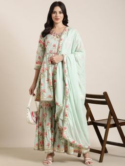 SHOWOFF - Women's Floral Sea Green Kurti with Sharara and Dupatta (Set of 3)