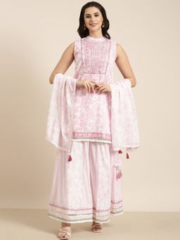 SHOWOFF - Women's Floral Pink Straight Kurti with Palazzos and Dupatta (Set of 3)