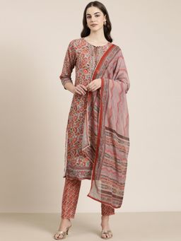 SHOWOFF - Women's Floral Rust Straight Kurta with Pant and Dupatta (Set of 3)