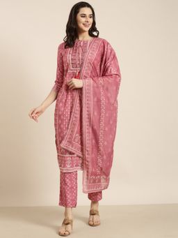 SHOWOFF - Women's Ethnic Motifs Pink Straight Kurta with Pant and Dupatta (Set of 3)