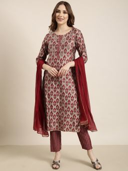 SHOWOFF - Women's Floral Maroon Straight Kurta with Pant and Dupatta (Set of 3)
