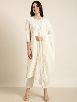 SHOWOFF - Women's White Straight Kurta with Pant and Dupatta (Set of 3)