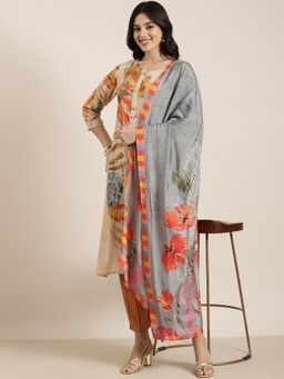 SHOWOFF - Women's Floral Beige Straight Kurta with Pant and Dupatta (Set of 3)