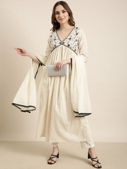 SHOWOFF - Women's White Anarkali with Pant and Dupatta (Set of 3)