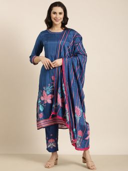 SHOWOFF - Women's Floral Blue Straight Kurta with Pant and Dupatta (Set of 3)