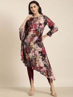 SHOWOFF - Women's Floral Purple A-Line Kurta with Dhoti (Set of 2)