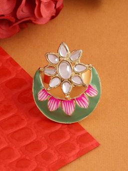 Zaveri Pearls - Green & Pink Meenakari Kundan Ethnic Finger Ring-ZPFK13974