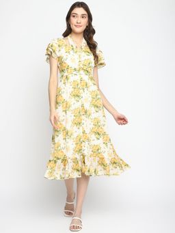 Latin Quarters - Women Multi Floral Half Sleeve Midi Dress with Belt