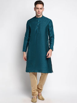 Devoiler - Men Plain Turquoise Green Silk Kurta