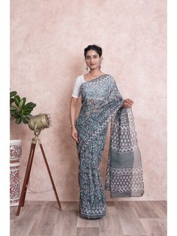 KISHORI - Dabu Print Kalamkari Pattern Kota Doria Saree with Mulmul Cotton Unstitched Blouse - Green