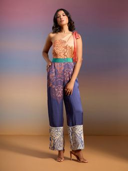 RSVP by Nykaa Fashion - Multi-Color Colorblock Printed One Shoulder Straight Fit Satin Jumpsuit