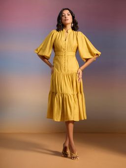 RSVP by Nykaa Fashion - Mustard Yellow Striped Mandarin Collar Balloon Sleeves Midi Dress