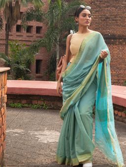 Beatitude - Green Shade Blended Cotton Saree With Unstitched Blouse