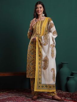 Yufta - Yellow Cotton Floral Print Kurta with Pant and Dupatta (Set of 3)