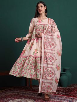 Yufta - Peach Cotton Floral Print Anarkali Kurta with Pant and Dupatta (Set of 3)