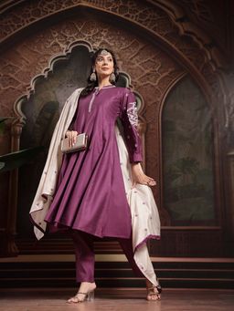 Yufta - Purple Dori Embroidery A-Line Kurta with Pant and Dupatta (Set of 3)