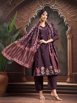 Yufta - Purple Embroidered Work Kurta with Pant and Dupatta (Set of 3)