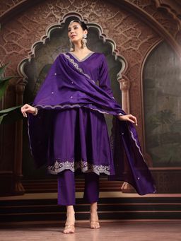 Yufta - Purple Embroidered A-Line Kurta with Pant and Dupatta (Set of 3)