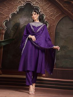 Yufta - Purple Embroidered A-Line Kurta with Pant and Dupatta (Set of 3)