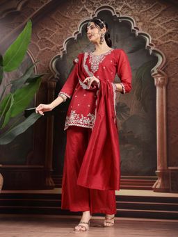 Yufta - Red Silk Blend Embroidered Kurti with Palazzo and Dupatta (Set of 3)