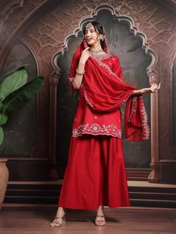 Yufta - Red Embroidered Straight Kurti with Palazzo and Dupatta (Set of 3)