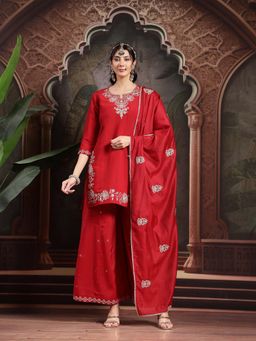 Yufta - Red Dori Embroidery Straight Kurti with Palazzo and Dupatta (Set of 3)