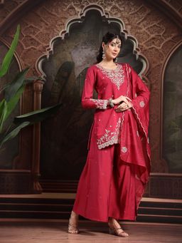 Yufta - Red Embroidered Straight Kurti with Palazzo and Dupatta (Set of 3)