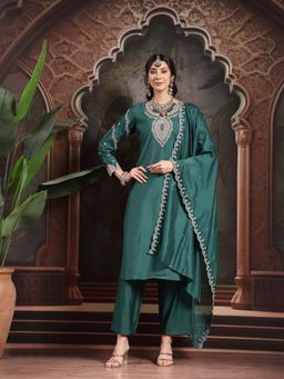 Yufta - Teal Green Embroidery Silk Blend Kurta with Pant and Dupatta (Set of 3)