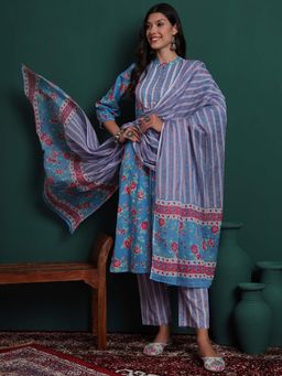 Yufta - Blue Cotton Floral Print Kurta with Pant and Dupatta (Set of 3)