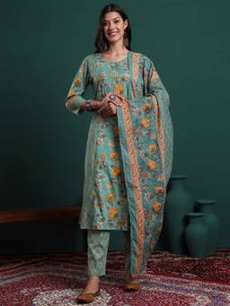 Yufta - Sea Green Cotton Floral Print Kurta with Pant and Dupatta (Set of 3)