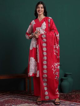Yufta - Hot Pink Cotton Floral Print A-Line Kurta with Pant and Dupatta (Set of 3)