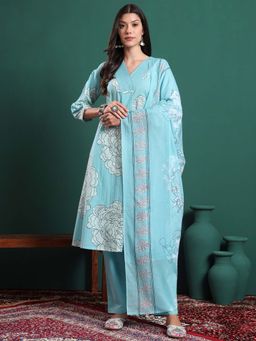 Yufta - Sky Blue Cotton Floral Print A-Line Kurta with Pant and Dupatta (Set of 3)