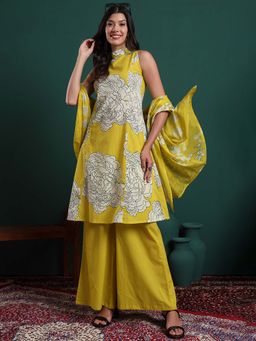 Yufta - Yellow Cotton Halter Neck Kurta with Palazzo and Dupatta (Set of 3)