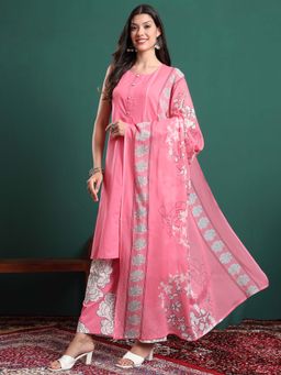 Yufta - Pink Cotton Sleeveless Kurta with Pant and Dupatta (Set of 3)