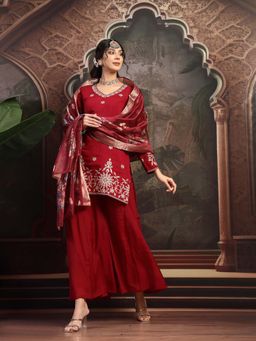 Yufta - Red Mul Chanderi Short Kurti with Palazzo and Dupatta (Set of 3)