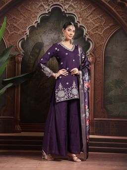 Yufta - Purple Mul Chanderi Short Kurti with Palazzo and Dupatta (Set of 3)