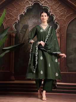 Yufta - Olive Mul Chanderi A-Line Kurta with Pant and Dupatta (Set of 3)