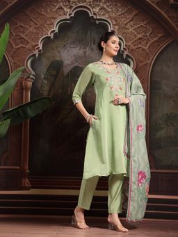Yufta - Green Mul Chanderi A-Line Kurta with Pant and Dupatta (Set of 3)