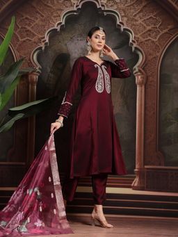 Yufta - Burgundy Embroidered A-Line Kurta with Pant and Dupatta (Set of 3)