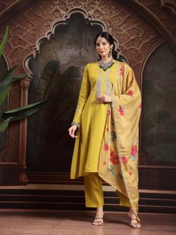 Yufta - Lime Yellow Thread Work A-Line Kurta with Pant and Dupatta (Set of 3)
