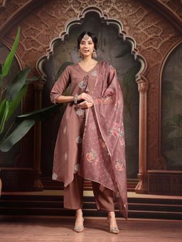 Yufta - Brown Embroidery Work A-Line Kurta with Pant and Dupatta (Set of 3)