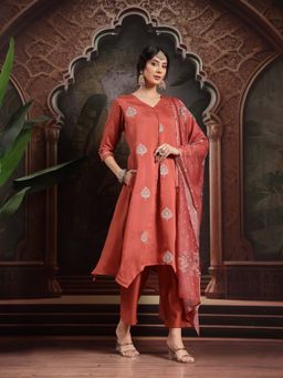 Yufta - Rust Embroidery Work A-Line Kurta with Pant and Dupatta (Set of 3)