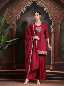 Yufta - Maroon Embroidered A-Line Kurti with Palazzo and Dupatta (Set of 3)