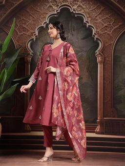 Yufta - Pink Roman Embroidered A-Line Kurta with Pant and Dupatta (Set of 3)