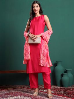 Yufta - Pink Silk Blend Sleeveless Kurta with Pant and Dupatta (Set of 3)