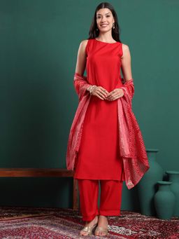 Yufta - Red Silk Blend Sleeveless Kurta with Pant and Dupatta (Set of 3)