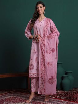 Yufta - Pink Cotton Floral Printed Kurta with Pant and Dupatta (Set of 3)
