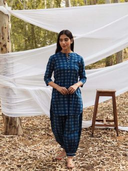 Mera Rang - Samiya Navy Blue Checks Printed Kurta and Salwar (Set of 2)